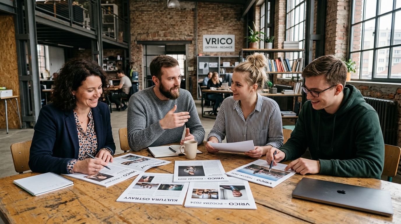Čtyři editoři redakce Sarniku u dlouhého stolu v ostravském coworkingu
